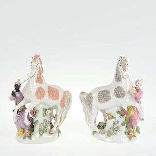 Pair Meissen style figure groups, horses and Moors