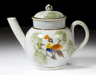 ENGLISH STAFFORDSHIRE POTTERY PEARLWARE PEAFOWL TOY TEAPOT AND COVER
