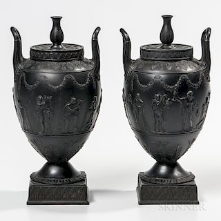 Pair of Wedgwood Black Basalt Vases and Covers