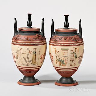 Pair of Wedgwood Encaustic Decorated Terra-cotta Vases and Covers