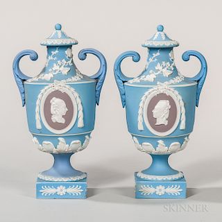 Pair of Wedgwood Tricolor Jasper Dip Portrait Vases and Covers
