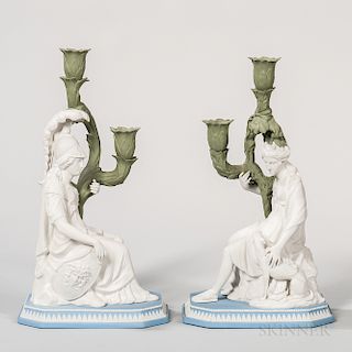 Pair of Modern Wedgwood Tricolor Jasper Minerva and Diana Candleholders