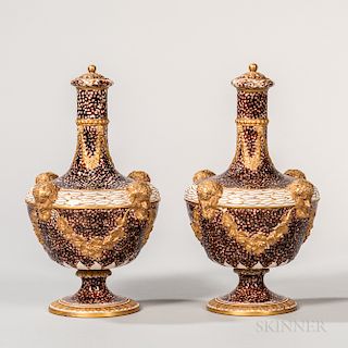 Pair of Wedgwood Peacock Glazed Barber Bottles and Covers