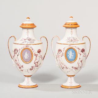 Pair of Wedgwood Jasper-mounted Emile Lessore Queen's Ware Vases and Covers