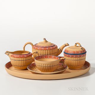 Modern Five-piece Encaustic Decorated Caneware Tea Set
