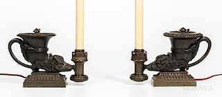 Pair of Grand Tour Regency-style Bronze Colza-oil Rhyton Lamps