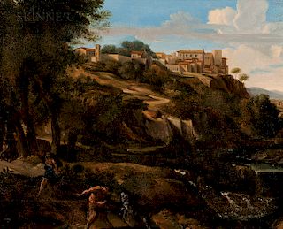 Manner of Nicolas Poussin (French, 1594-1665)  Arcadian View with Foreground Figure of Pan and a Rearing Goat