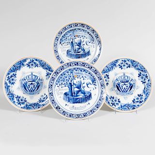 Set of Four Delft Queen Wihelmina Jubilee Plates and a set of Four Delft Coronation of Queen Beatrix Plates 
