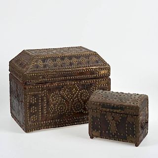 (2) Continental Baroque brass tacked leather caskets
