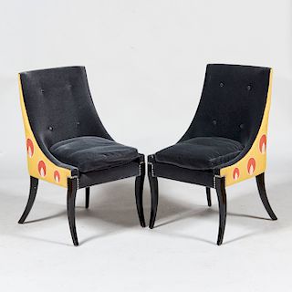 Pair of Art Deco Ebonized and Mohair Upholstered Side Chairs