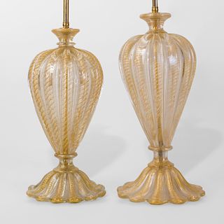 Near Pair of Murano Internally Decorated Glass Lamps, of Recent Manufacture