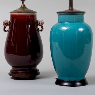 Chinese Copper Red Glazed Porcelain Hu Form Vase and a Turquoise Glazed Porcelain Baluster Vase, Both Mounted as Lamps
