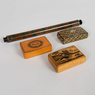 Two English Transfer Printed Wood Snuff Boxes and Two Tartan Wares