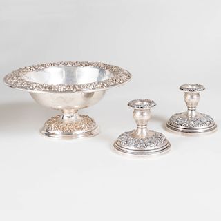 S. Kirk and Son Silver Repoussé Center Bowl and a Pair of Candlesticks
