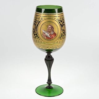 Large Venetian gilt and enameled green stem cup