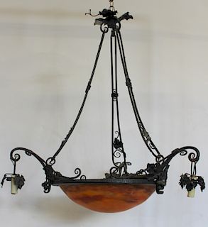 Muller Freres Art Glass and Metal Chandelier.