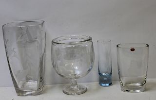 Lot of 4 Magnor Norwegian Etched & Cut Glass Vases