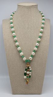 JEWELRY. 18kt Gold, Emerald, and Pearl Necklace.