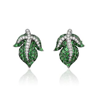 A Pair of Tsavorite and Diamond Earrings