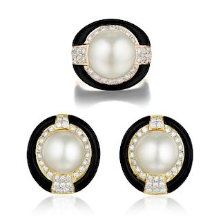 A Cultured Pearl Diamond and Onyx Earrings and Ring Set