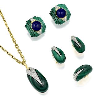 A Set of Malachite Lapis Lazuli and Diamond Jewelry