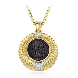A Gold and Diamond Coin Pendant Necklace