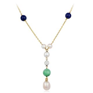 A Lapis Lazuli Jade Cultured Pearl and Diamond Necklace