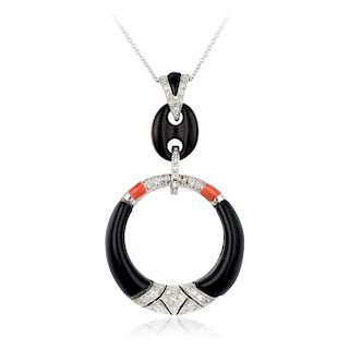 An Onyx Coral and Diamond Pendant Necklace