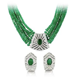 An Emerald and Diamond Earrings and Necklace Set