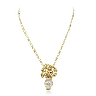 A Diamond Flower Vase Pendant Necklace