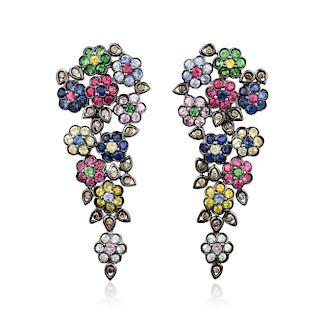 A Pair of Multi-Colored Gemstone and Diamond Earrings