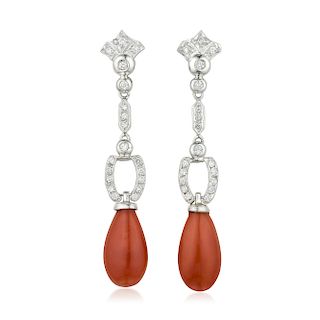 A Pair of Coral and Diamond Drop Earrings