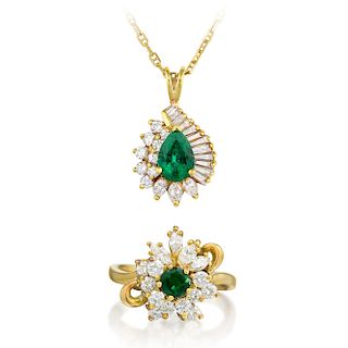 An Emerald and Diamond Ring and Pendant Necklace