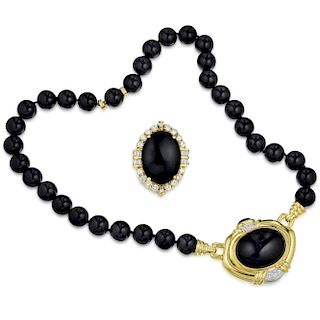 An Onyx and Diamond Necklace and Ring Set