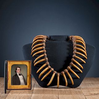 Grizzly Bear Claw Necklace with Portrait Miniature of Original Collector, Thomas Willard Hough (1807-1896)