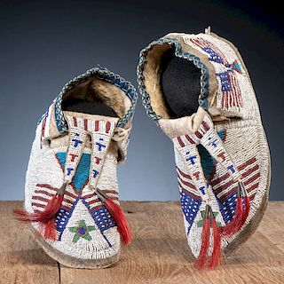 Sioux Beaded Hide Moccasins with American Flags