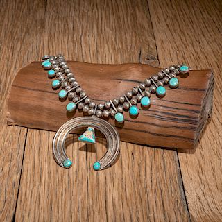 A Dainty Navajo Silver and Turquoise Squash Blossom Necklace, Deaccessioned From the Hopewell Museum, Hopewell, NJ