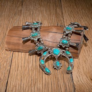 Navajo Silver and Turquoise Squash Blossom Necklace, Deaccessioned From the Hopewell Museum, Hopewell, NJ
