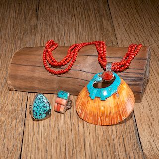 Roger Tsabetsaye (Zuni, b. 1941) Turquoise and Shell Necklace and Inlaid Rings