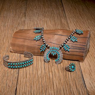 Zuni Petit Point Turquoise and Silver Squash Blossom Necklace, Ring, AND Cuff Bracelet, Deaccessioned From the Hopewell Museum, Hopewell, NJ