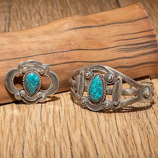 Fred Peshlakai (Dine, 1896-1975) Navajo Silver and Turquoise Cuff Bracelet AND Brooch, Deaccessioned From the Hopewell Museum, Hopewell, NJ