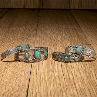 Fred Harvey Era Silver and Turquoise Cuff Bracelets with Thunderbird Designs