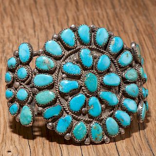 Zuni Sterling Silver and Turquoise Cluster Cuff Bracelet