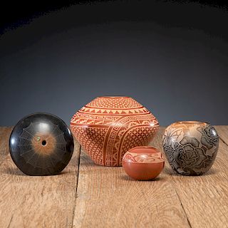Collection of Red and Blackware Miniature Sgraffito Pueblo Pottery