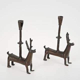 Pair Ancient Near Eastern style bronze candlesticks