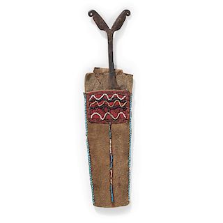Athabaskan Beaded Hide Knife Sheath with Double Volute Knife