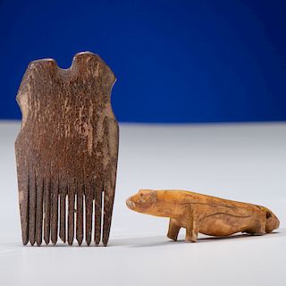 Alaskan Eskimo Fossilized Walrus Ivory Comb and Charm, From the Collection of Thomas Amble, Minnesota