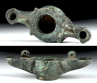 Near Miniature Roman Bronze Double Spouted Oil Lamp