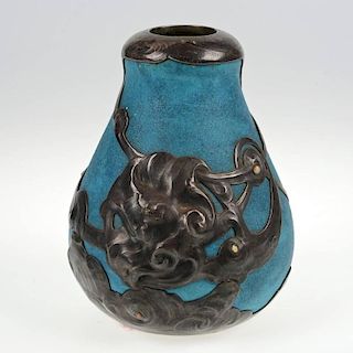 Russian Art Nouveau silver overlaid art pottery vase