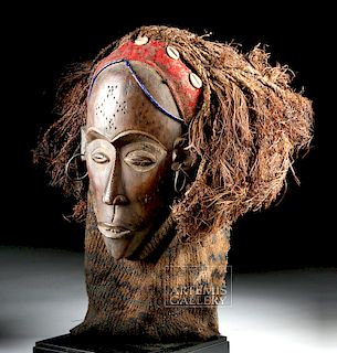 Early 20th C. Chokwe Wood, Raffia & Textile Pwo Mask